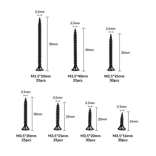 230 tornillos M3.5 para paneles de yeso negro, tornillos de madera de yeso, cabeza plana, rosca de cruz plana, tornillos autorroscantes, kits surtidos (16 mm, 20 mm, 25 mm, 30 mm, 35 mm, 40 mm, 50 mm)