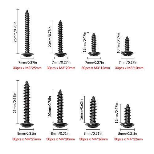 240 tornillos roscadores de cabeza plana, juego de tornillos roscadores negros M3 M4, pieza de fijación de tornillo de máquina de cabeza avellanada cruzada de cabeza redonda 10mm/12mm/16 mm/20mm/25mm