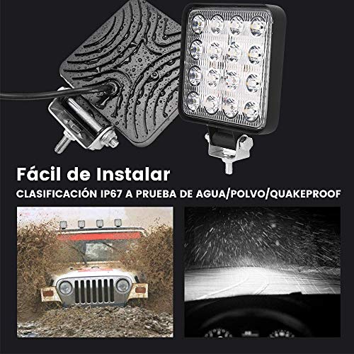 2PCS 48W Faros de Trabajo LED Tractor 9-32V 48W 6000KFaros LED Tractor Cuadrados Disipación de Calor IP67 Impermeable para Coche Excavadora y Camión