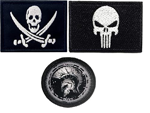 3 Parches Bandera Punisher, Escudo Espartano Calavera con Espada Pirata, 100% Bordado, velcro