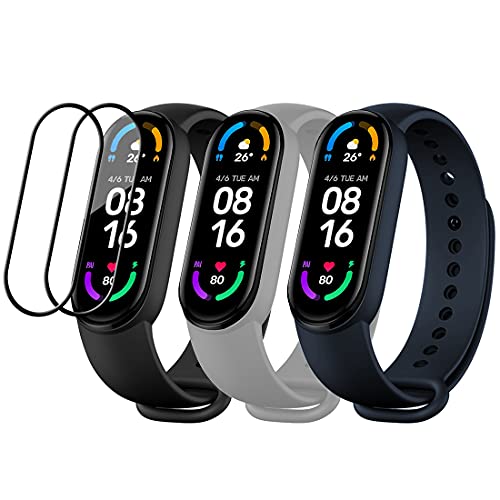 3 Piezas Correa de Reloj Compatible para Xiaomi Mi Band 6 / Correa Mi Band 5 + 2 Piezas Protector Pantalla, Coloridos Suave Silicona Pulsera de Correas de Repuesto Suave Transpirable