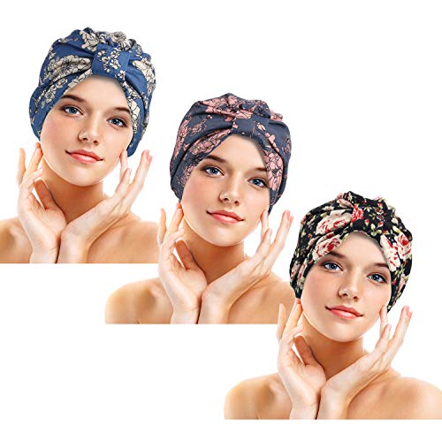 3 Piezas Gorro Turbante para Mujeres Gorro de Nudo Pre-Atado Turbante de Modo Pañuelo de Cabeza de Perdida de Pelo (Azul, Gris, Negro)