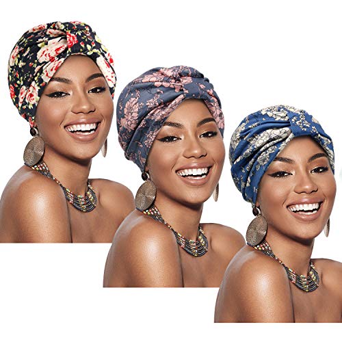 3 Piezas Gorro Turbante para Mujeres Gorro de Nudo Pre-Atado Turbante de Modo Pañuelo de Cabeza de Perdida de Pelo (Azul, Gris, Negro)