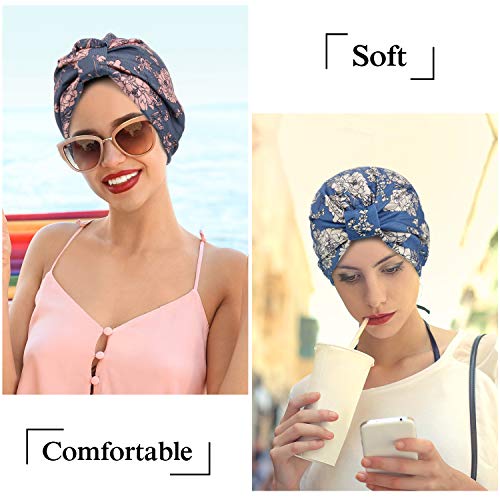 3 Piezas Gorro Turbante para Mujeres Gorro de Nudo Pre-Atado Turbante de Modo Pañuelo de Cabeza de Perdida de Pelo (Azul, Gris, Negro)