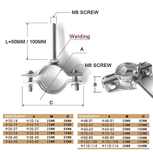 304# Stainless Steel M8 Thread Screw Rod Tube Pipe Clamp Male Thread Clip Fasteners Adjustable Welding Lengthening Screw Rod Tube Pipe Clamps,with Wing Nut,2pcs/Pack (Φ60-63mm L=100mm)