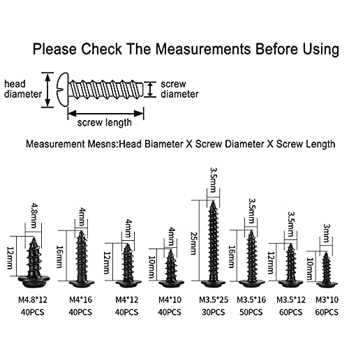 350 Piezas Tornillos Autorroscantes, Kit Surtido Tornillos Autotaladrantes Negro, Tornillos Cabeza Cruz Redonda, Tornillos de Cabeza Plana Acero Carbono para Madera - 8 Tamaños