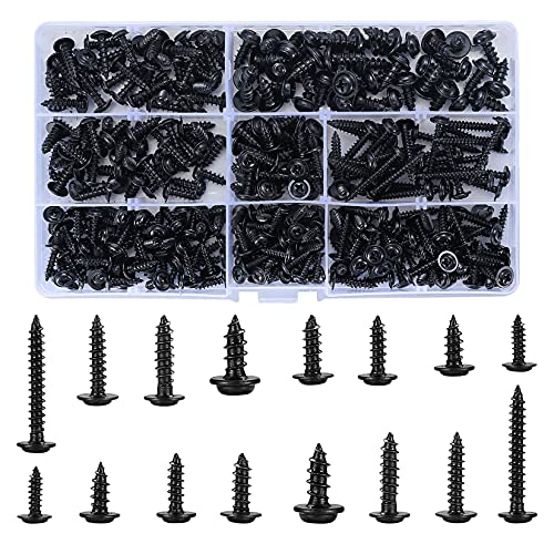 350 Piezas Tornillos Autorroscantes, Kit Surtido Tornillos Autotaladrantes Negro, Tornillos Cabeza Cruz Redonda, Tornillos de Cabeza Plana Acero Carbono para Madera - 8 Tamaños