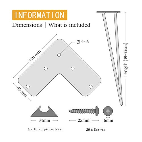 4 Patas Mesa Patas Hairpin Patas a Horquilla Para Mesa de Acero Patas Muebles Robustas Con Tornillos y Bases Protectoras