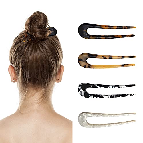 4 Piezas Horquillas de Pelo en Forma U de Caparazón de Tortuga de Acetato de Celulosa Palillo de Cabello de Estilo Francés Pinzas de Moño Updo de 2 Puntas para Mujeres Niñas Accesorio peinar cabello