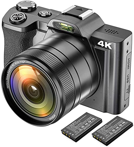 4K Videocámara Ultra HD 48MP WiFi Vlogging Cámara de Youtube con Lente Gran Angular Videocámara con Pantalla táctil IPS de 3.5 Pulgadas Zoom Digital 16x, 2 baterías