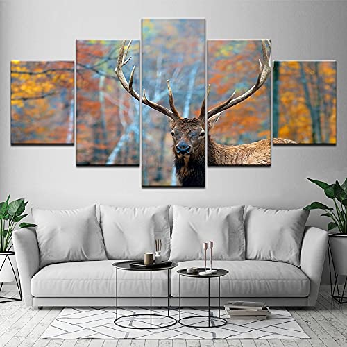 5 cuadros de pintura de lienzo impresos de alta definición de alces puesta de sol de otoño, póster de moda para decoración del hogar, impresiones A39 XXL