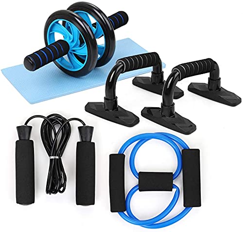 5 en 1 Kit de Rueda Abdominal, Push Up Bars, Cuerda para Saltar, Fortalecedor de Mano, Rodilla Mat para Entrenamiento en Casa Ejercicios Fitness