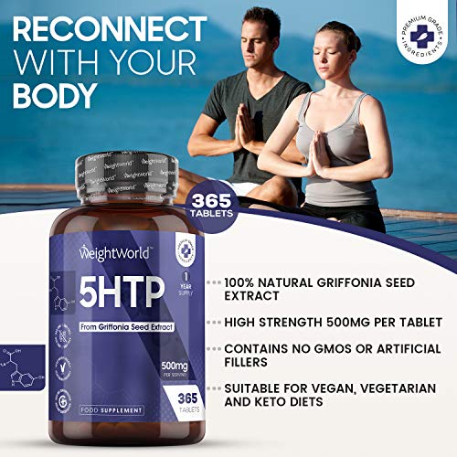 5 HTP 500mg Dosis Alta 365 Comprimidos Vegano - Suministro para 1 Año, Extracto Semilla de Griffonia Simplicifolia, Suplemento 100% Natural Para Cuerpo, Mente y Descanso, Sin Gluten