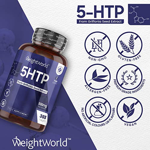 5 HTP 500mg Dosis Alta 365 Comprimidos Vegano - Suministro para 1 Año, Extracto Semilla de Griffonia Simplicifolia, Suplemento 100% Natural Para Cuerpo, Mente y Descanso, Sin Gluten