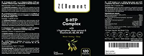 5-HTP Complex con L-triptófano, extracto de Lúpulo y vitaminas B1, B6, B9, B12, 120 Cápsulas | para el estado de ánimo (equilibrio emocional) y la calidad del sueño | Vegano, Sin Aditivos, No-GMO