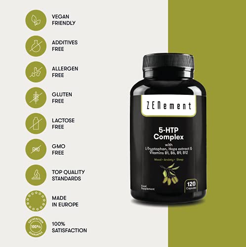 5-HTP Complex con L-triptófano, extracto de Lúpulo y vitaminas B1, B6, B9, B12, 120 Cápsulas | para el estado de ánimo (equilibrio emocional) y la calidad del sueño | Vegano, Sin Aditivos, No-GMO