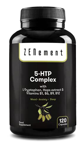 5-HTP Complex con L-triptófano, extracto de Lúpulo y vitaminas B1, B6, B9, B12, 120 Cápsulas | para el estado de ánimo (equilibrio emocional) y la calidad del sueño | Vegano, Sin Aditivos, No-GMO