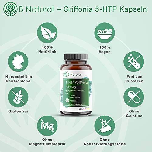 5 HTP Griffonia 200 mg dosis alta 120 cápsulas - 5-HTP natural de extracto de semilla de Griffonia, probado en laboratorio - vegano - sin agente separador - fabricado en Alemania