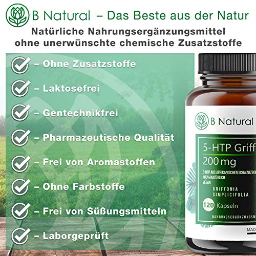 5 HTP Griffonia 200 mg dosis alta 120 cápsulas - 5-HTP natural de extracto de semilla de Griffonia, probado en laboratorio - vegano - sin agente separador - fabricado en Alemania