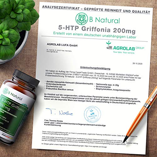 5 HTP Griffonia 200 mg dosis alta 120 cápsulas - 5-HTP natural de extracto de semilla de Griffonia, probado en laboratorio - vegano - sin agente separador - fabricado en Alemania