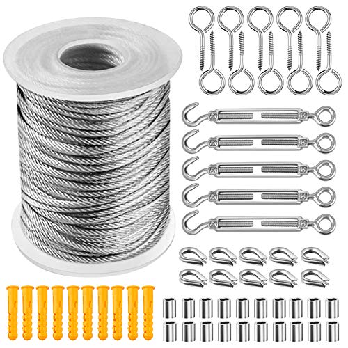 56 unids/set 30 m 2 mm cable de acero inoxidable cable ganchos kit para colgar, cable de acero inoxidable 304 resistente recubierto de PVC, tensor de cable tensor