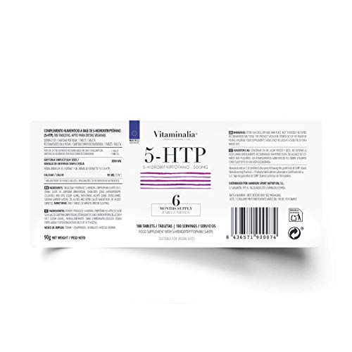 5HTP 200mg de Vitaminalia | Doble Potencia | 5-HTP Extracto 15:1 Semilla de Griffonia | Para Dormir Mejor | Vegetariano, Sin OGM, Sin Gluten, Sin Lactosa | 180 Tabletas