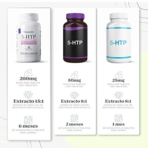 5HTP 200mg de Vitaminalia | Doble Potencia | 5-HTP Extracto 15:1 Semilla de Griffonia | Para Dormir Mejor | Vegetariano, Sin OGM, Sin Gluten, Sin Lactosa | 180 Tabletas