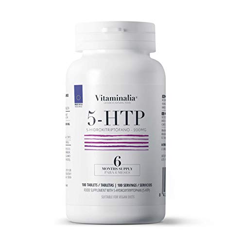 5HTP 200mg de Vitaminalia | Doble Potencia | 5-HTP Extracto 15:1 Semilla de Griffonia | Para Dormir Mejor | Vegetariano, Sin OGM, Sin Gluten, Sin Lactosa | 180 Tabletas