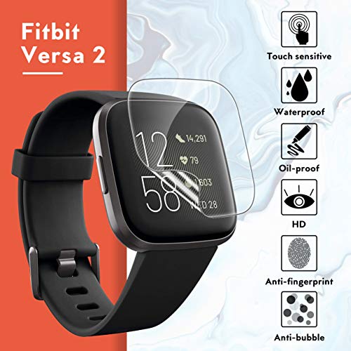 [6 Pack] UniqueMe Protector de pantalla para Fitbit Versa 2, película transparente de burbuja de TPU Huella digital disponible Compatible con Fitbit Versa 2