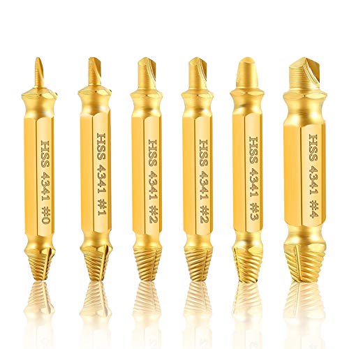 6 Piezas Extractor de Tornillos,Guiseapue Extractor de Tornillos Rotos para Elimina los o Sacar Tornillos Roto HSS 4341# Dureza 62-63HRC para Tornillos y Pernos Dañados Desde 2-12mm (Dorado)