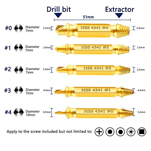 6 Piezas Extractor de Tornillos,Guiseapue Extractor de Tornillos Rotos para Elimina los o Sacar Tornillos Roto HSS 4341# Dureza 62-63HRC para Tornillos y Pernos Dañados Desde 2-12mm (Dorado)