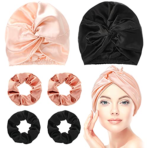 6 Piezas Set de Gorros de Seda para Dormir Envoltura de Pelo de Seda y Scrunchies de Seda Suave Natural Gorro de Cabello de Dormir Soporte de Cola de Caballo (Rosa, Negro, Oro Rosa)