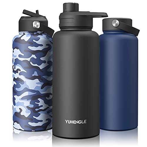 950 ml Botella Agua Termo Acero Inoxidable, Botella de Agua Térmica con 2 pajitas 3 Tapones, Sin BPA Free Antigoteo y Prueba de Fugas Frasco térmico, de frío / caliente Bicicleta Deporte al aire libre