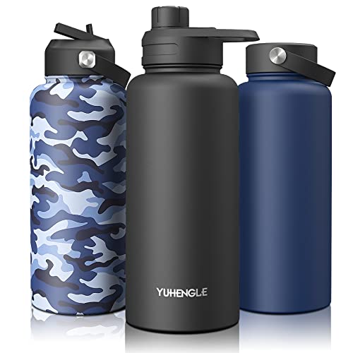 950 ml Botella Agua Termo Acero Inoxidable, Botella de Agua Térmica con 2 pajitas 3 Tapones, Sin BPA Free Antigoteo y Prueba de Fugas Frasco térmico, de frío / caliente Bicicleta Deporte al aire libre