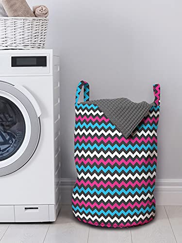 ABAKUHAUS Cheurón Bolsa de lavandería, Zigzag colorido Chueco, Cesta con asas Cierre de cordón para las lavanderías, 33 x 33 x 49 cm, Rosa Negro Azul Cielo