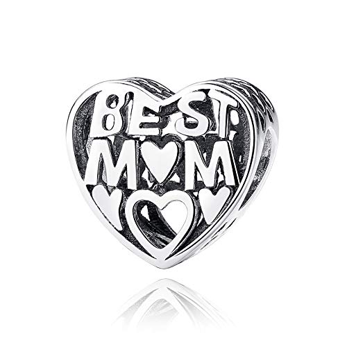 Abalorio de plata de ley 925 de Ningan con texto en inglés «Love My Best Mom/Mum» para pulseras y otras pulseras europeas