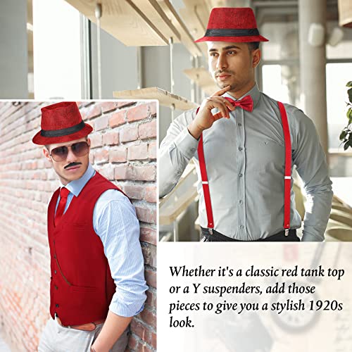 Accesorios de Hombre de 1920 Disfraces Ropa de Gatsby Gángster Atuendo de Cosplay Halloween con Chaleco Sombrero de Fieltro Reloj de Bolsillo Tirantes Corbata (L, Rojo Vino)