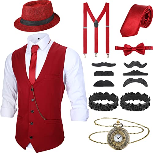 Accesorios de Hombre de 1920 Disfraces Ropa de Gatsby Gángster Atuendo de Cosplay Halloween con Chaleco Sombrero de Fieltro Reloj de Bolsillo Tirantes Corbata (L, Rojo Vino)