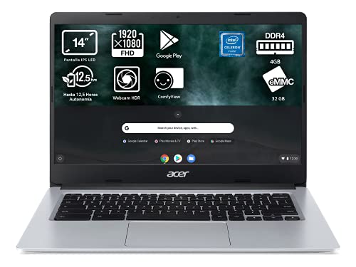 Acer Chromebook 314 CB314-1H - Ordenador Portátil 14" HD, Laptop (Intel Celeron N4020, 4GB RAM, 32GB eMMc, Intel UHD Graphics, Chrome OS), PC Portátil Color Plata - Teclado Qwerty Español