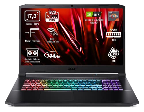 Acer Nitro 5 NC-AN517-41-R37U - Ordenador Portátil Gaming 17.3" Full HD 144 Hz, Gaming Laptop (AMD Ryzen 7 5800H, 16GB RAM, 1TB SSD, NVIDIA GeForce RTX 3070, Windows 10 Home), PC Portátil Negro QWERTY