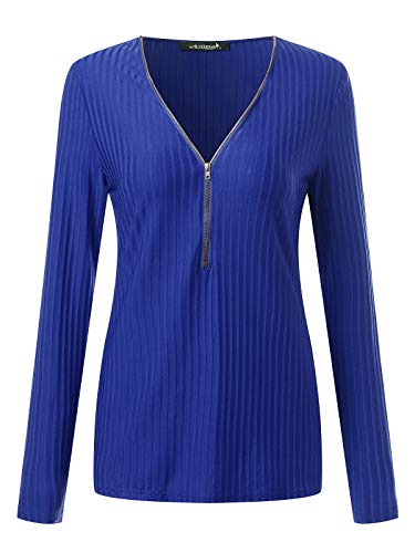 ACHIOOWA Camisetas Mujer Manga Larga con Cuello en V Sexy Elegante Túnica Top Sólid Blusas y Camisas Royal Azul S