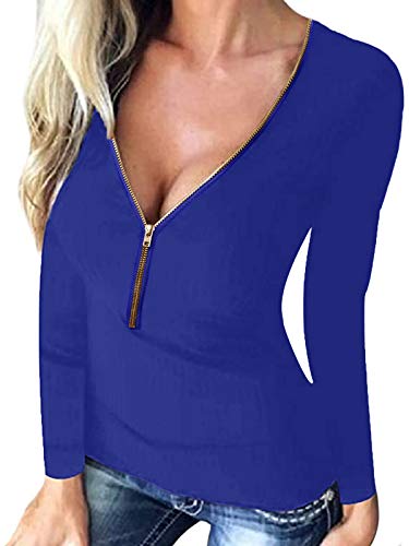 ACHIOOWA Camisetas Mujer Manga Larga con Cuello en V Sexy Elegante Túnica Top Sólid Blusas y Camisas Royal Azul S