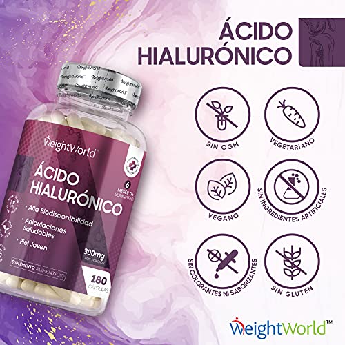 Ácido Hialurónico Puro Cápsulas Alta Dosis 300mg 180 Cápsulas Veganas - 6 Meses de Suministro Suplemento para Huesos, Articulaciones, Cartílagos y Piel, Reduce Signos Edad, Concentración al 90%