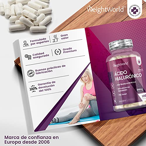 Ácido Hialurónico Puro Cápsulas Alta Dosis 300mg 180 Cápsulas Veganas - 6 Meses de Suministro Suplemento para Huesos, Articulaciones, Cartílagos y Piel, Reduce Signos Edad, Concentración al 90%