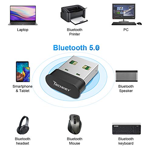 Adaptador Bluetooth para PC, Techkey USB Transmisor Bluetooth 5.0 EDR para PC Ordenador Sobremesa Transferencia inalámbrica para Bluetooth Auriculares Altavoz Teclado Ratón Impresora para Windows 10-7