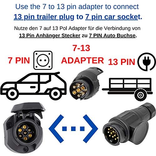 Adaptador de 7 a 13 pines, incluye protección contra la humedad, universal para remolques, según ISO 11446 y ISO 1724, para sistemas de remolque de 12 V, para remolques de coche, adaptador de enchufe