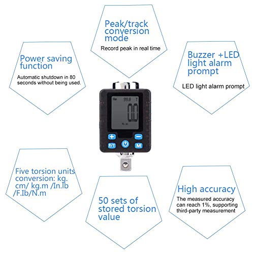 Adaptador de Llaves Dinamométricas Digitales Pantalla Digital Electrónica Medidor de Par Ajustable Llave Inglesa Herramienta de Enchufe Medidor de Torsión de Acero Medidor Probador(BDA3-135)