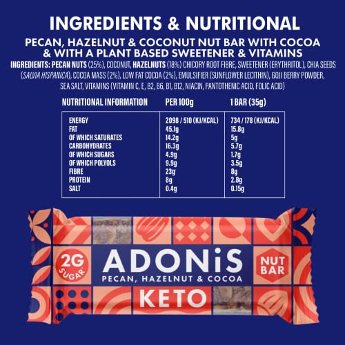 Adonis Low Sugar Nut Bar - Barritas de Pacanas Crujiente Sabor de Cocoa | 100% Natural, Baja en Carbohidratos, Sin Gluten, Vegano, Paleo, Keto (16)