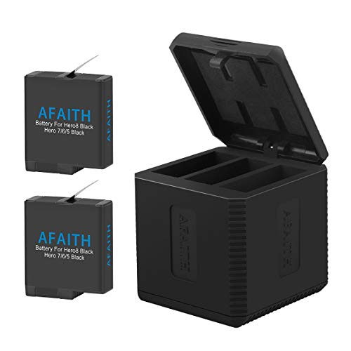 AFAITH Cargador de batería para Gopro Hero 8/7/6/5 Black, Base de Carga Triple con 2 baterías de reemplazo, Caja de Carga múltiple Tipo-C Organizador de Almacenamiento de batería para GoPro Hero 2018