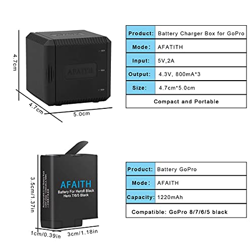 AFAITH Cargador de batería para Gopro Hero 8/7/6/5 Black, Base de Carga Triple con 2 baterías de reemplazo, Caja de Carga múltiple Tipo-C Organizador de Almacenamiento de batería para GoPro Hero 2018